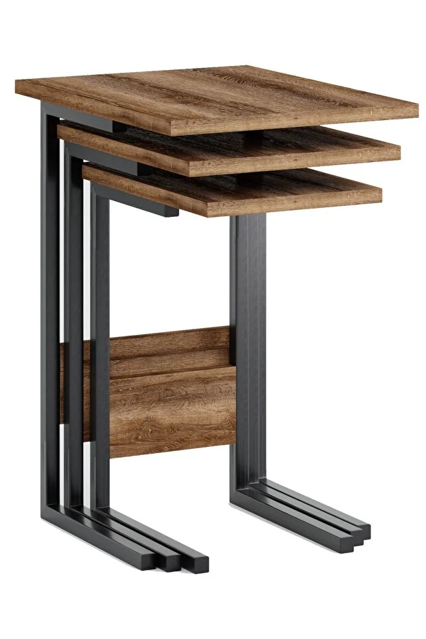 Zg3 Metal Ayaklı 3'lü Zigon Sehpa - Ceviz